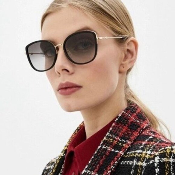 Gucci GG0606SK 001 Sunglasses Black/Gold Square Frame, Grey Lenses - Picture 5 of 12